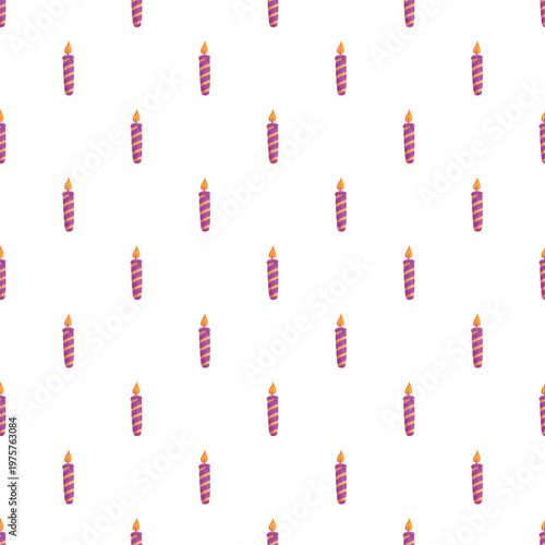 Seamless pattern of burning birthday candles with purple stripes on white background