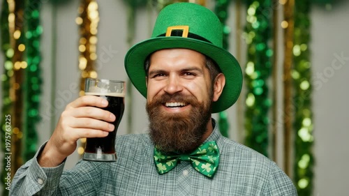 Bearded man in green hat with beer, Saint Patrick's Day celebration
