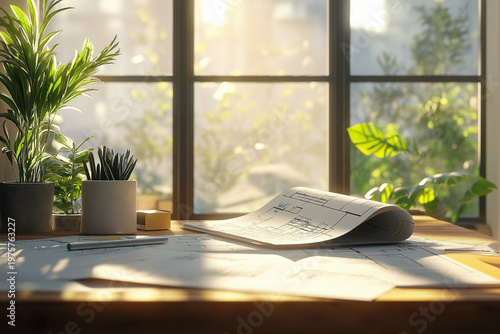 Sustainable development workspace with carbon emission reports, green construction blueprints, and soft shadows from natural window light
