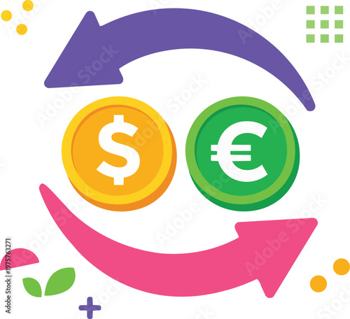 Currency exchange concept dollar and euro with arrows financial transaction flat vector illustration.