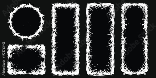 A collection of various frosty frame shapes isolated on a dark background for design projects