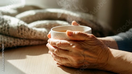 Elderly woman's hands holding warm cup in cozy indoor setting