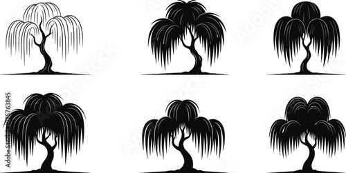 Stylized willow tree illustration set, artistic drooping branches, abstract foliage design, decorative nature artwork, botanical drawing collection, creative landscape element