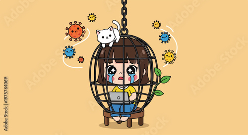 Cute cartoon girl sitting inside a birdcage with colorful flowers and a small white bird on her head