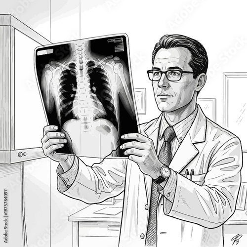 Medical Doctor Reviewing Chest X Ray in Consultation Room