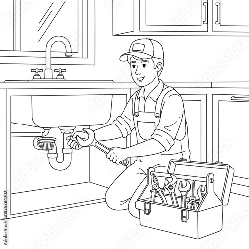 Plumber Repairing Sink Under Kitchen Cabinet Cartoon Illustration