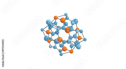 A complex 3D molecular model displays interconnected blue and orange spheres representing atoms in a chemical structure on a clean white background area.