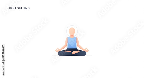 Person meditating in lotus position with hands on knees and closed eyes in blue clothing on white background