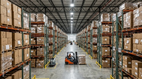 A large industrial warehouse interior with high shelves filled with cardboard boxes and pallets, expansive aisles, clean organization and practical overhead light, ultra-realistic, no logos.