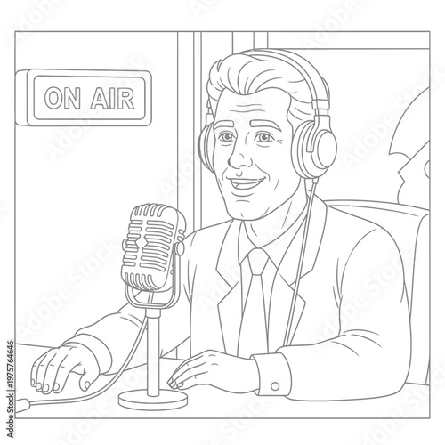 Radio Host Broadcasting Live on Air Illustration Vector Graphic