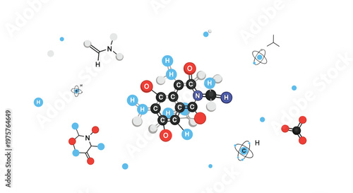 A central chemical compound diagram is surrounded by floating atomic symbols and molecular icons on a stark white background in this scientific graphic.