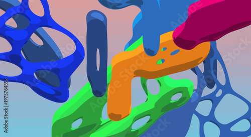Colorful 3D illustration of interconnected chains and mechanical parts