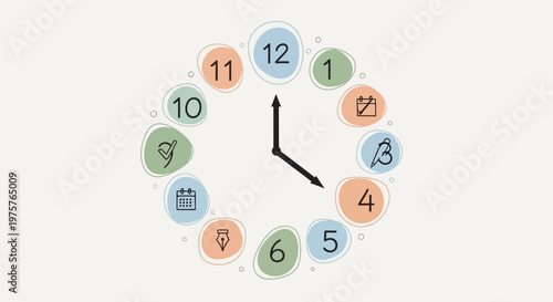 Colorful clock face with numbers and icons