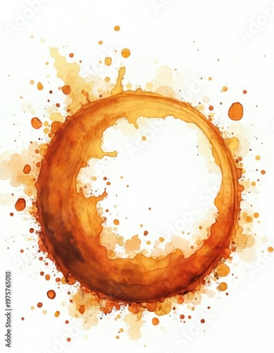 Brown watercolor splash creating abstract circular pattern. Artistic drips and splatters form a grunge texture on white paper. Great for backgrounds and design elements.
