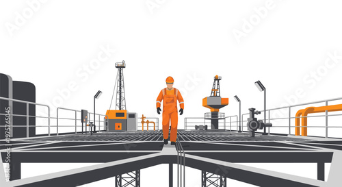 A solitary maintenance technician in vibrant orange safety gear walks across a metallic industrial platform surrounded by complex machinery under bright light.