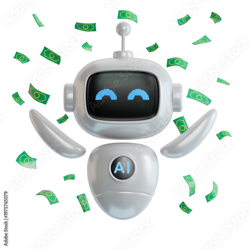 3D illustration of ai robot celebrates success standing under money rain banknotes cash falling.Transparent Background Mockup.Supports PNG files with transparent backgrounds.