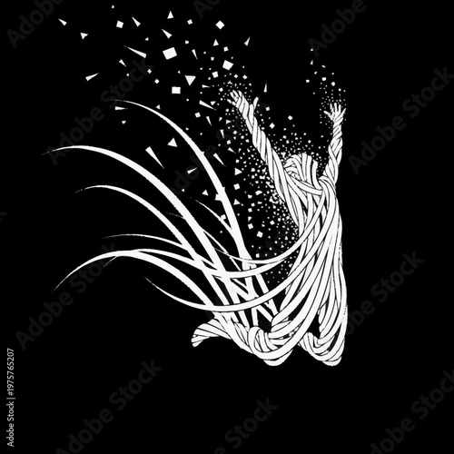 Abstract figure jumping with arms raised in a burst of particles.