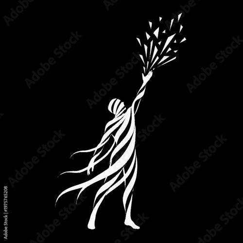 Abstract figure reaching upwards with an explosion of light or energy.