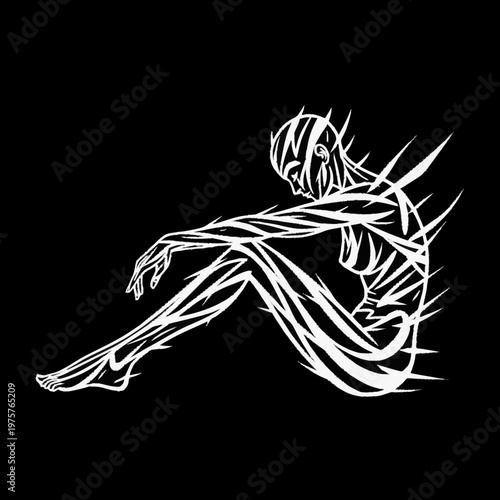 Abstract figure in a contemplative pose, rendered with sharp, fragmented lines.