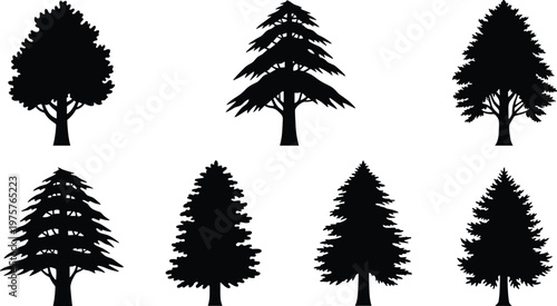 Black tree silhouette collection, diverse forest shapes, coniferous and deciduous outlines, nature illustration set for design, logo, tattoo art