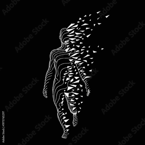 Abstract human figure dissolving into geometric fragments.