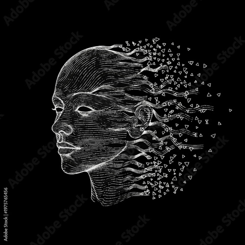 Abstract human head dissolving into digital particles and fragments.