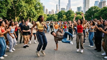 An urban dance celebration in the park, joyful movement, expressive poses, city greenery, vibrant youthful energy, ultra-realistic, no logos.