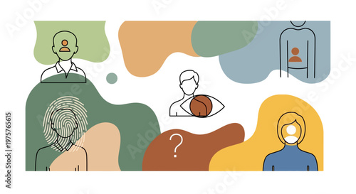 Confused people with question marks and abstract shapes