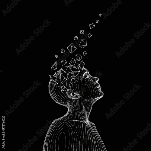 Abstract illustration of a human head with geometric shapes exploding upwards.