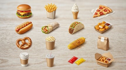A simple fast food icon set with street food symbols, snacks and takeaway elements in a clean minimal arrangement, casual appetizing atmosphere, ultra-realistic, no logos.