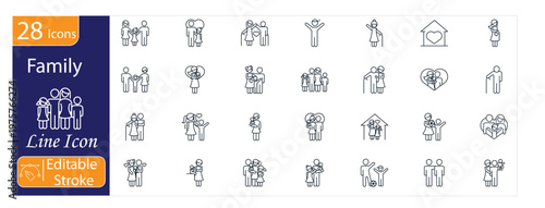 Family Icons Set, Parents and Children, Home Life, Parenting, Love and Care, Household, Family Relationship, Editable Stroke Vector Illustration.