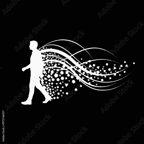 Abstract silhouette of a walking man dissolving into particles and lines.