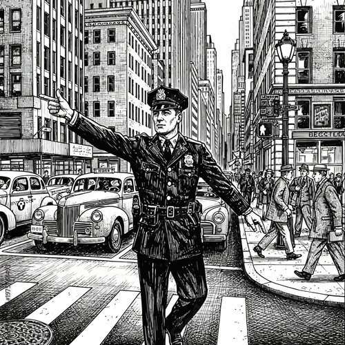 Retro City Traffic Officer Directing Pedestrians on Bustling Street With Vintage Cars in Line Art Style