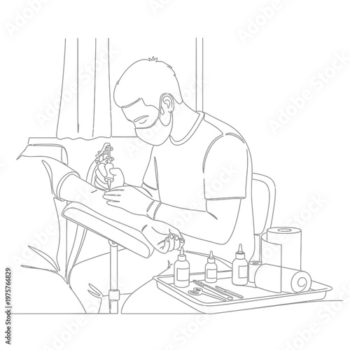 Tattoo Artist Working on Client Leg in Studio Line Drawing Illustration