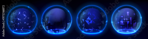 Transparent shield domes with glowing hexagon pattern and energy field effect, realistic vector on dark background. 3D neon blue glass sphere barrier with abstract digital mesh technology