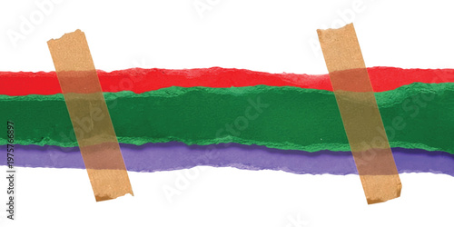 Three colorful strips of torn paper held in place by two pieces of translucent adhesive tape.