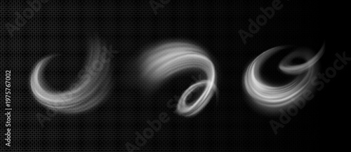 Dynamic wind effect with flowing white air streams and swirling motion, realistic vector set isolated on transparent. Natural breeze or smoke vortex spin, spiral whirlwind trails