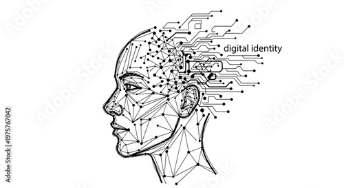 Digital human face with circuit board, concept of digital identity