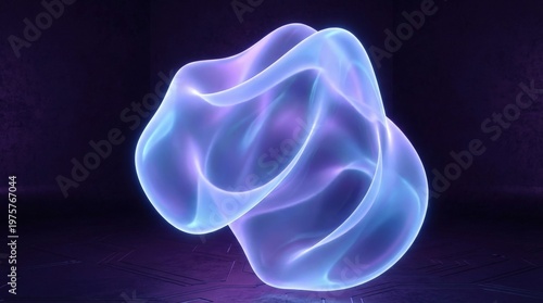 An abstract glowing 3D object on a dark purple background, smooth contours, radiant edge light, mysterious high-tech atmosphere, ultra-realistic, no logos.