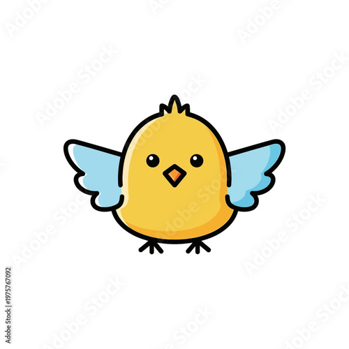 Cute cartoon chick with outstretched blue wings, isolated on white background, vector illustration