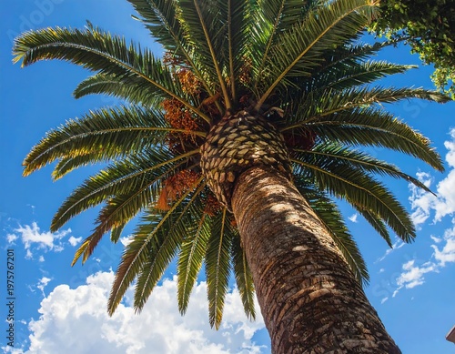 Looking upward at a tall palm tree with its fronds spread against a partly cloudy sky
