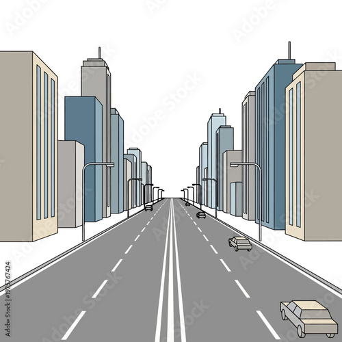Urban street perspective, city skyline, modern architecture, road, cars, daylight