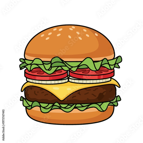 Delicious Cartoon Hamburger Icon with Sesame Seed Bun, Lettuce, Tomato, Onion, and Cheese
