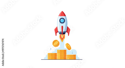 Dynamic cartoon rocket ship blasts off from a sturdy stack of shimmering gold coins while floating currency circles the ascent on a bright white background.