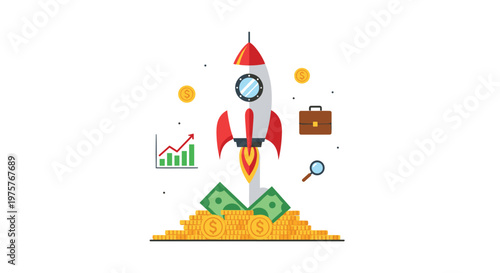Sleek rocket ship ascends from a large pile of paper money and coins accompanied by a briefcase and a rising bar chart on a clean white studio background.