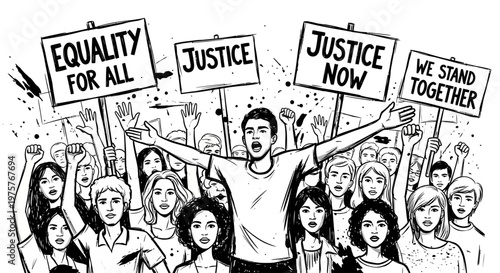 Diverse crowd protesting for equality and justice