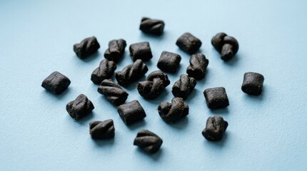 Natural licorice candies on a light blue background, close-up with matte texture, minimal composition and playful confectionery styling, ultra-realistic, no logos.