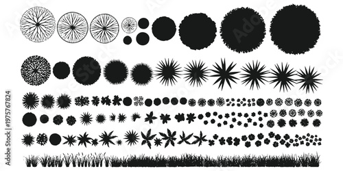 A comprehensive collection of black and white top-down tree and shrub icons for architectural plans