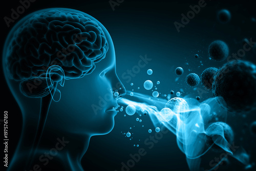 Detailed 3D medical illustration of a human profile inhaling a visible cloud of pathogenic virus particles, toxic dust, and smoke pollutants into the respiratory system.