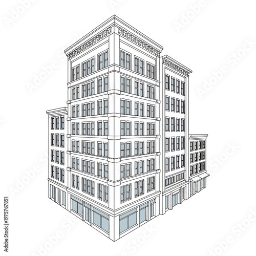 Architectural drawing of a multi-story classic brick building with large windows